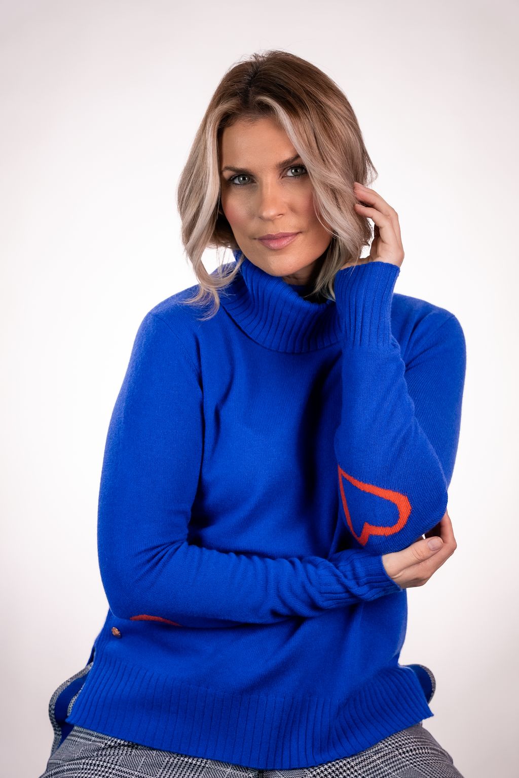 Arkell & Wills Sweater ROLL Neck Orange Heart Elbow Royal Blue - Sub Couture