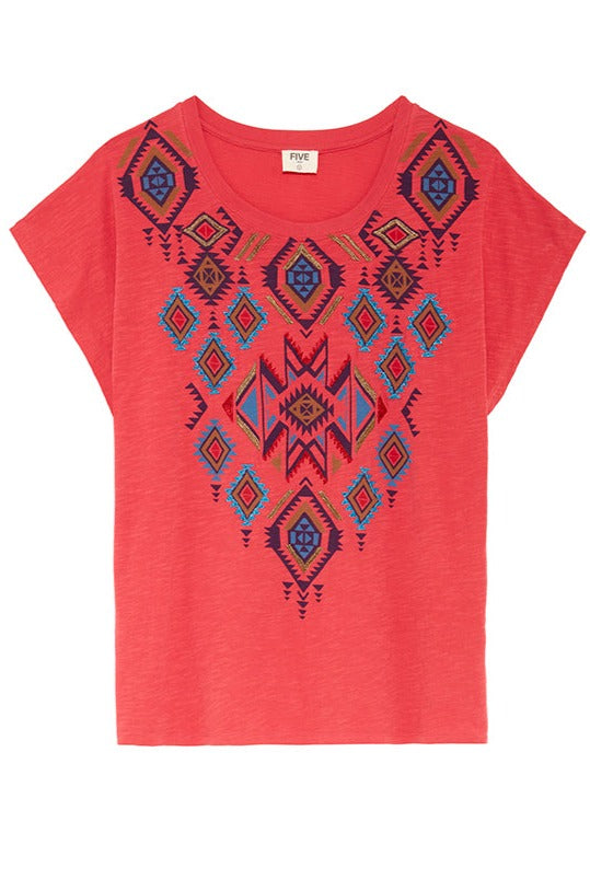 "Stay cool and comfy in our Five Jeans T-Shirt! Made with soft, breathable cotton, the AZTEC print adds a pop of colour to any outfit. Perfect for casual days or dressing up with your favourite jeans. Don't miss out on this cherry of a shirt!" 