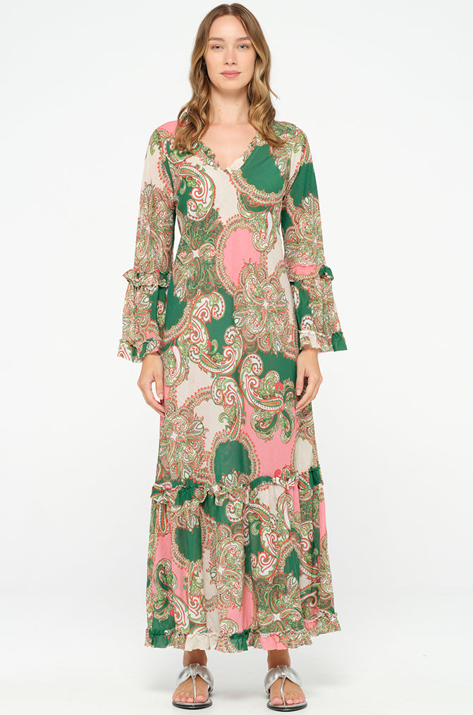 Oneseason Long INDI Dress Faro Print in Cotton in Coral & Green - Sub Couture
