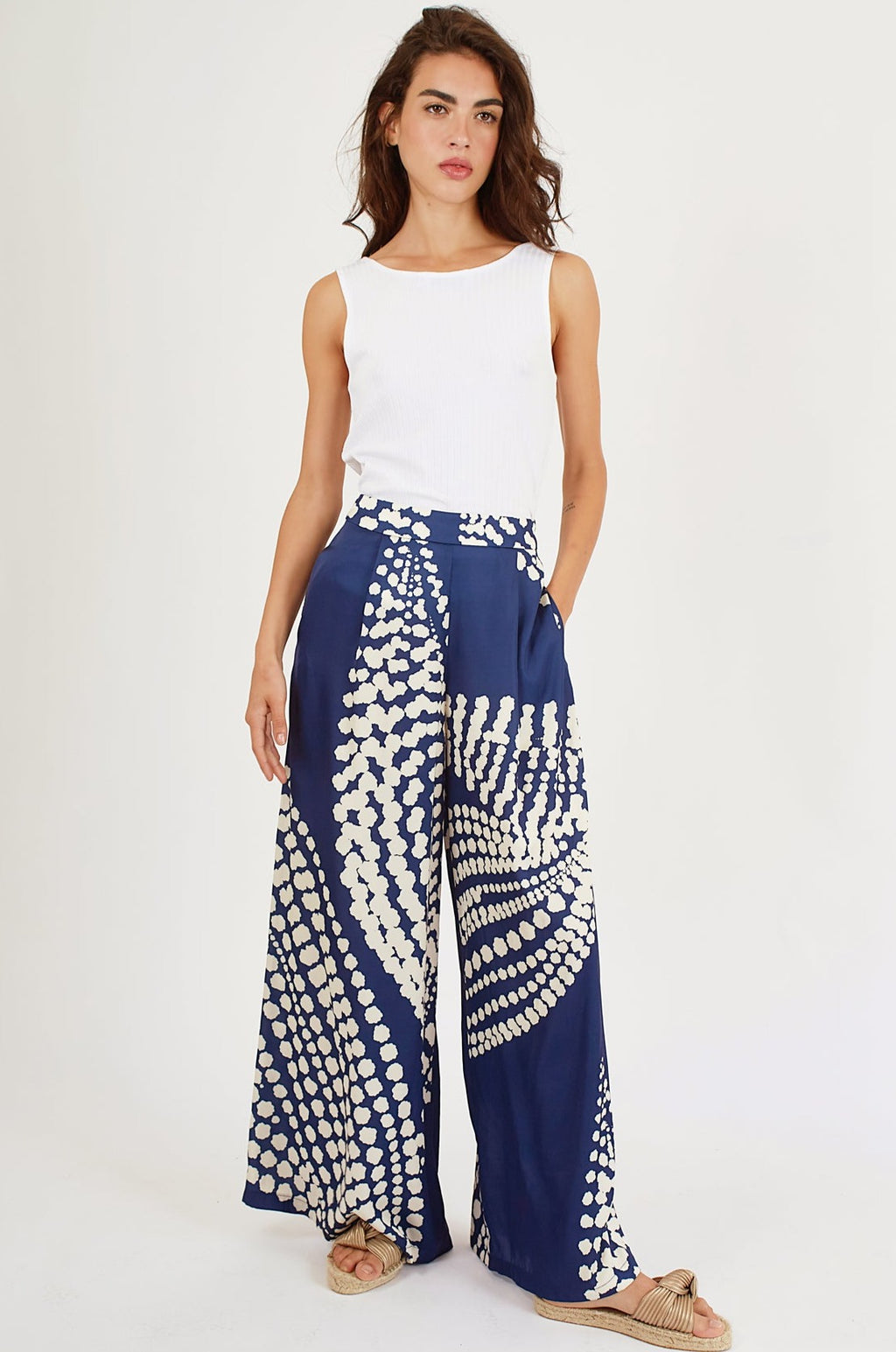 Traffic People Trousers EVIE Palazzo Silky Spot Print Blue - Sub Couture