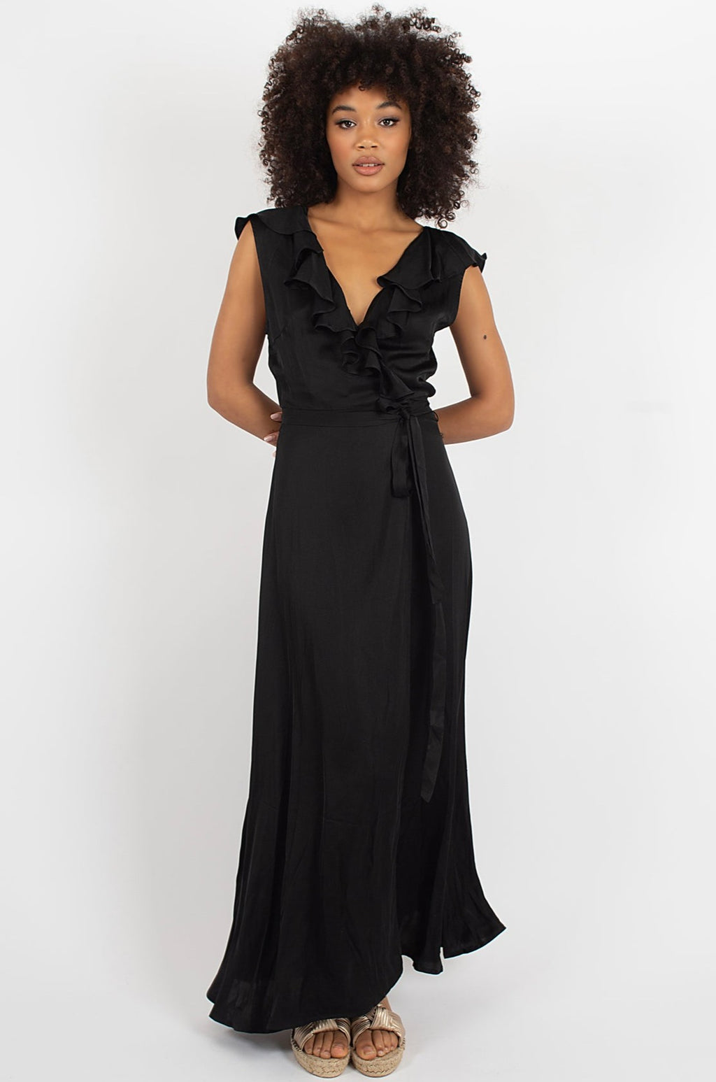 Traffic People Dress CANDOUR Frill V Wrap Maxi Black - Sub Couture