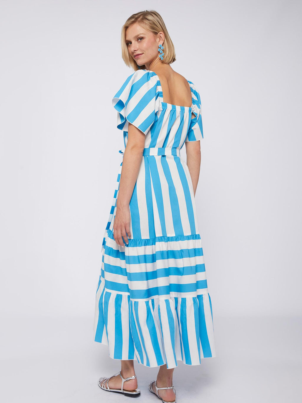 Vilagallo Dress PALMIRA Long Square Neck Stripe Turquoise