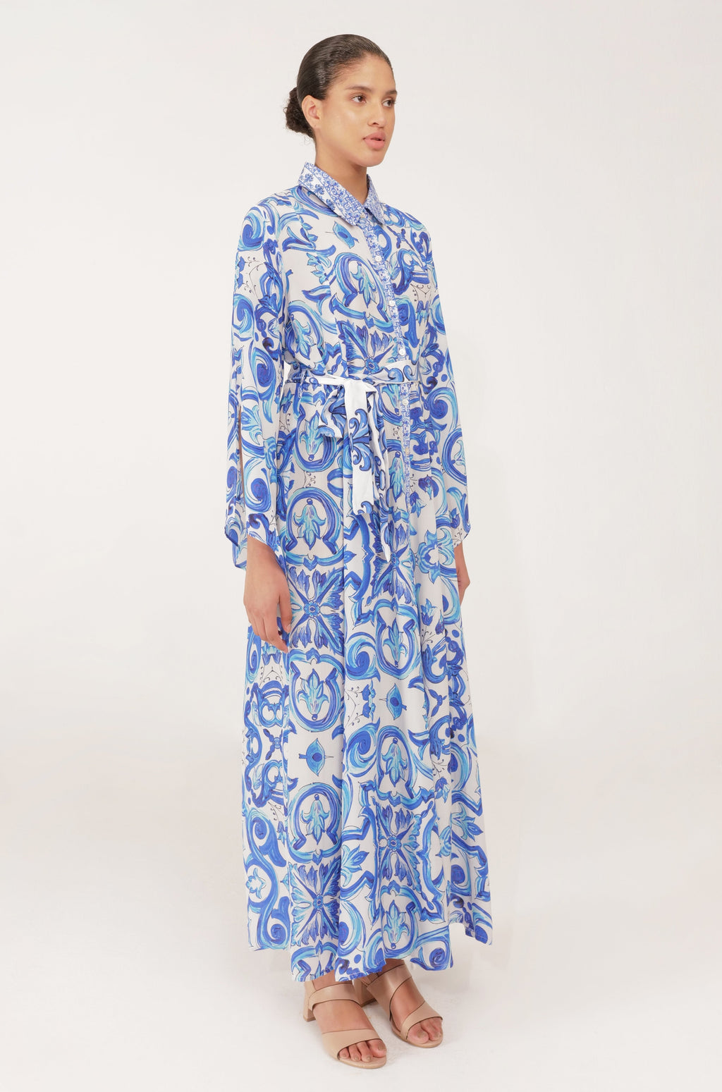 Inoa Fashion Dress MAHONIA Silk Maxi Venzia Print Blue & White