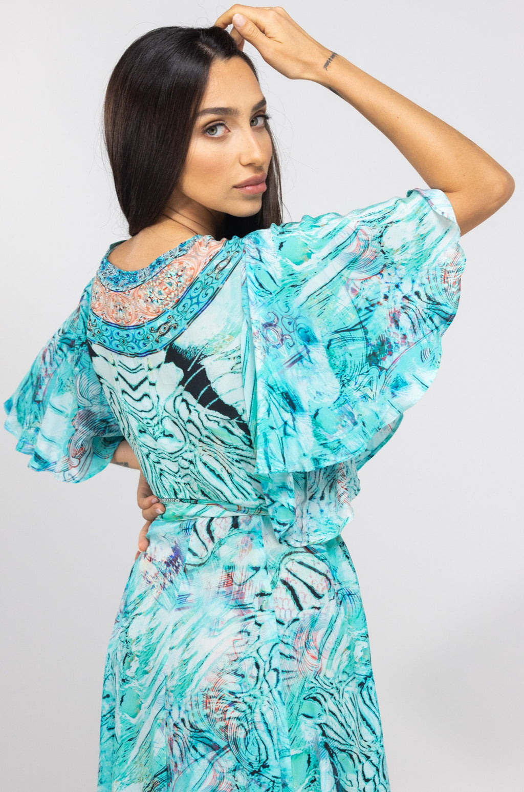 INOA Clothing Short Wrap Dress GAIA  Gold Coast Print Turquoise - Sub Couture