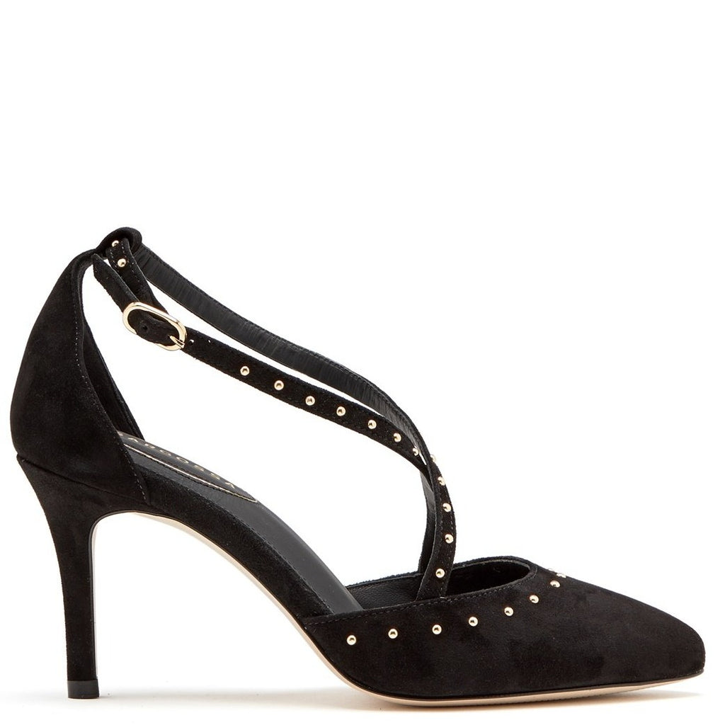 Sargossa Shoes GLITZY Cross Front Low Heel Suede Black - Sub Couture